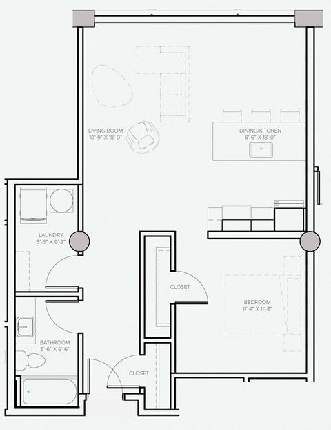 Floor plan for 1 bed, 1 bath, 733 sqft